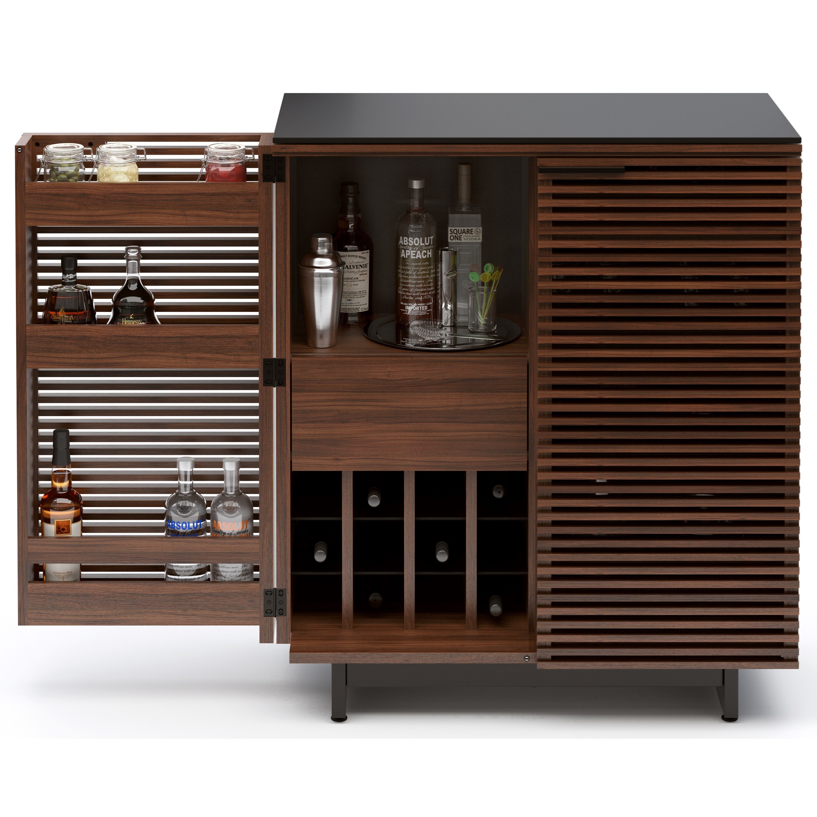 BDI Corridor Bar with Louvered Doors and Hanging Wine Glass Storage